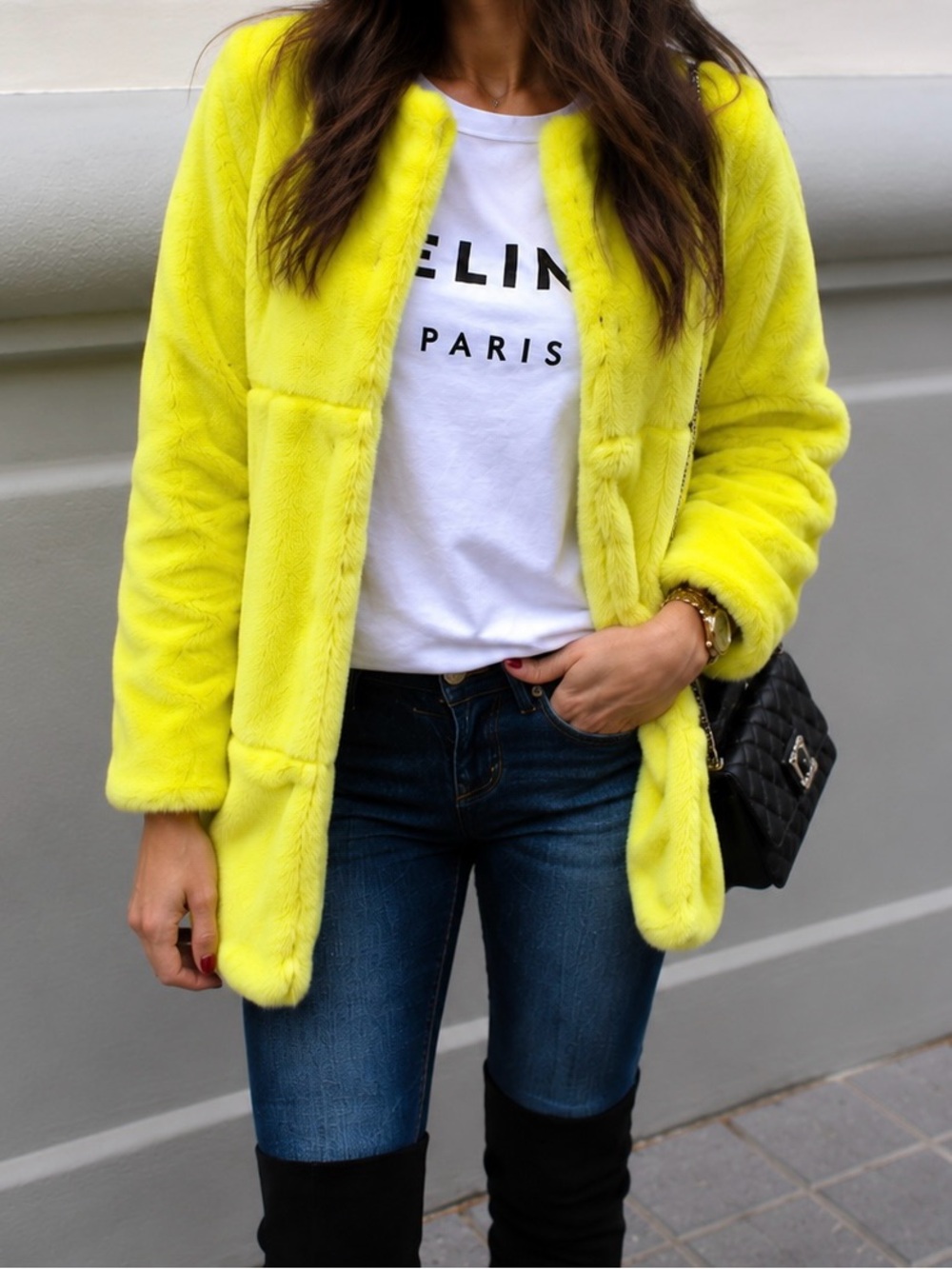 Zara Basic Chartreuse Faux Fur Coat Large Y2K Statement Jacket COZY BRIGHT BOLD